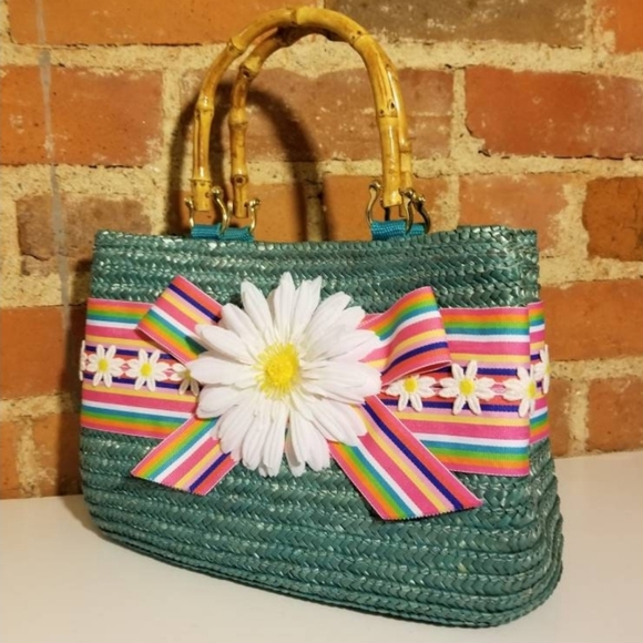 VINTAGE WOVEN STRAW PURSE TOTE BAG RAINBOW BAMBOO 90S Y2K RAVE SUMMER EASTER ๐ - Picture 4 of 10